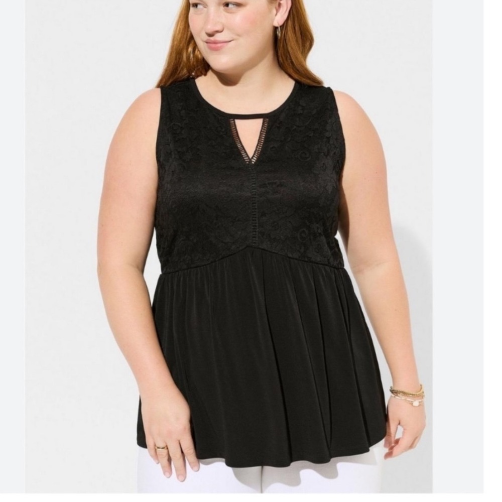Torrid Womens Black Floral Lace Babydoll Sleeveless Keyhole Top Plus Size 2 2X